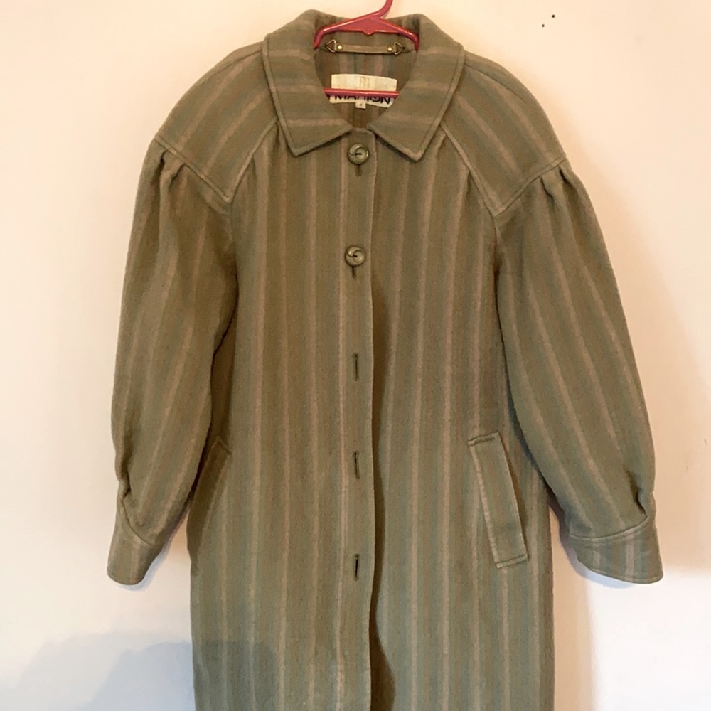 Vintage wool striped trench coat with puff sleeves